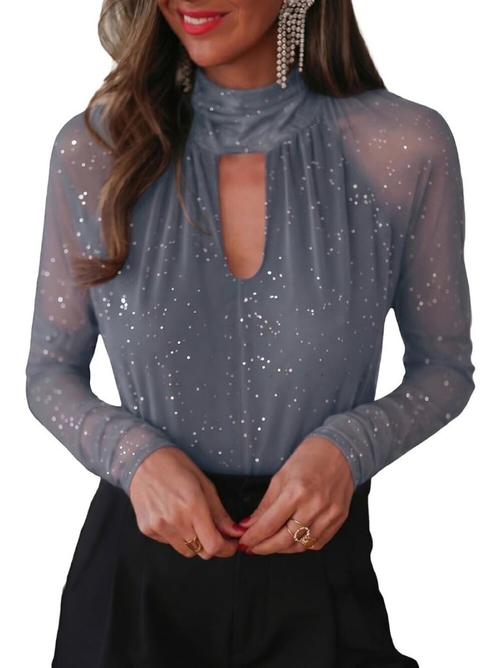 Women's Grey Sheer Mesh Sparkly Glitter Mock Neck Cutout Long Sleeve Top